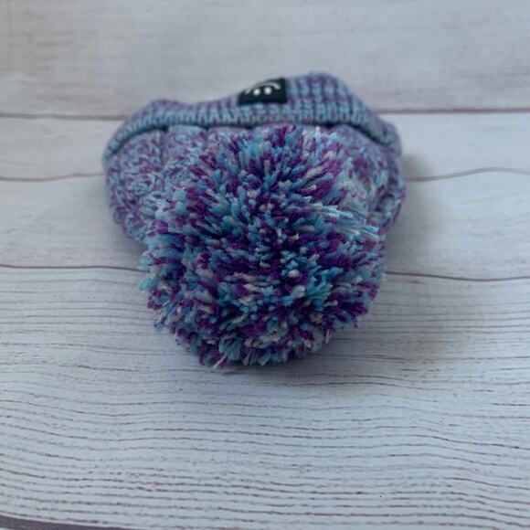 Kids Blue and Purple Stocking Hat with Pom Folded Cuff Fleece Interior Small - Picture 4 of 12